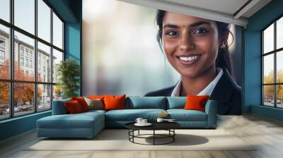 A close-up portrait of a smiling Indian woman in a professional blazer, radiating confidence and approachability. Wall mural