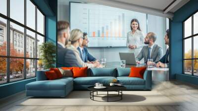 A group of professionals in a meeting discussing growth strategies with financial projections displayed on a screen.
 Wall mural