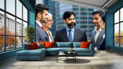 A team of Indian professionals discussing investment strategies in a high-rise office.
 Wall mural