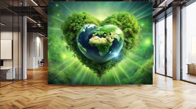 Abstract Artwork of Green Planet with Heart Center: An abstract representation of a green planet with a heart at its center, evoking themes of love for nature, environmental consciousness, and interco Wall mural