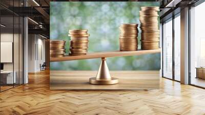 Coin Balance: An image depicting coins balanced on a scale or seesaw, symbolizing financial equilibrium, fairness, or wealth distribution.	
 Wall mural