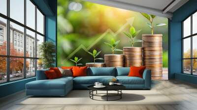 Coins with Financial Growth Arrow and Plant: A photo of coins arranged next to a growth arrow and a plant, symbolizing financial growth, investments, and wealth accumulation over time.	
 Wall mural