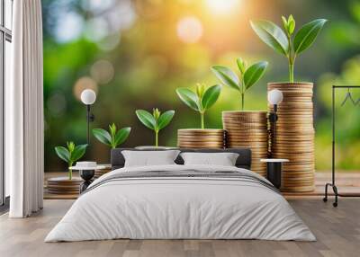 Coins with Growth Plant: A photo of coins arranged around a growing plant or sprout, representing financial growth, investments, or wealth accumulation over time.	
 Wall mural