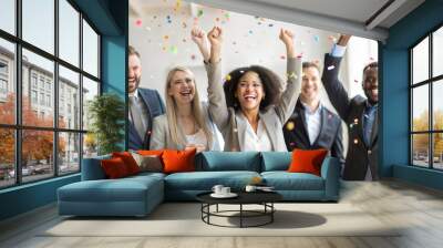 Diverse Employees Celebrating Business Success with Confetti	
 Wall mural