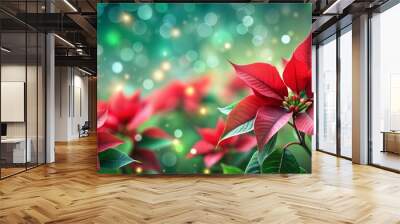 Icy Poinsettia Blur: A cool red and green blurred background with the subtle shapes of poinsettias, adding a festive winter floral touch.
 Wall mural