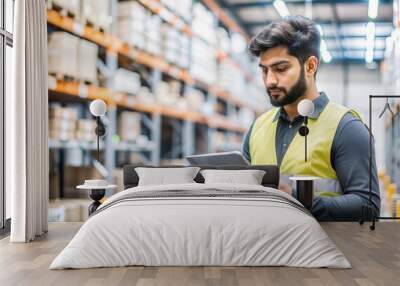 Indian Logistics Employee Planning Product Dispatch in an Organized Warehouse
 Wall mural