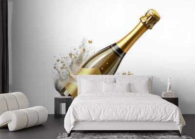 Isolated Bottle of Champagne: A bottle of champagne isolated on a transparent background, featuring a popping cork and bubbly liquid, ideal for celebratory occasions and New Year's Eve designs.
 Wall mural