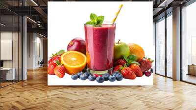 Isolated Glass of Smoothie: A glass of colorful smoothie isolated on a transparent background, garnished with fresh fruit and a straw, great for healthy eating illustrations and beverage menus.
 Wall mural