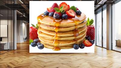 Isolated Pile of Pancakes: A stack of fluffy pancakes isolated on a transparent background, drizzled with syrup and topped with fruit, perfect for breakfast menus and brunch-themed designs.
 Wall mural