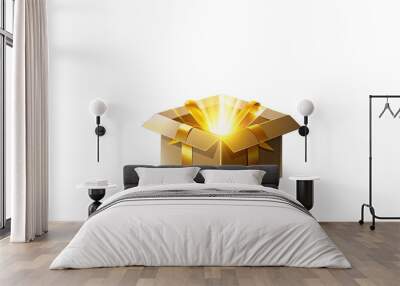 Open Golden Gift Box - An open golden gift box with light emanating from inside, suggesting a magical or valuable content, isolated on a transparent background.
 Wall mural