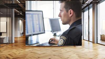 Police Officer Entering Suspect's Personal Data into Computer Database, Side View in Office, Law Enforcement Technology






 Wall mural