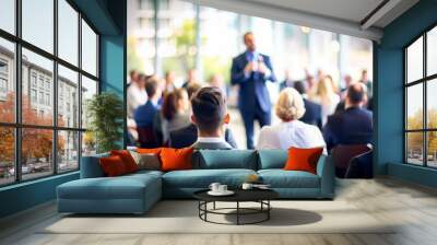 Speaker Focused at Business Event - A speaker giving a presentation with the audience and event space in the background blurred.
 Wall mural