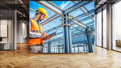 Structural Engineer Inspecting Framework: Close-up of a structural engineer inspecting steel framework at a construction site.
 Wall mural