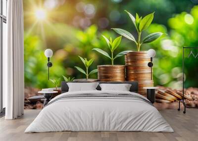 Sustainable Investing with Green Background and Coins: An image focused on a pile of coins with a lush green plant in the background, representing the concept of sustainable and eco-friendly investing Wall mural