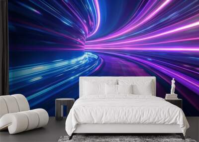 3d Render, Blue purple light line through dark background, hyper speed warp in space Wall mural