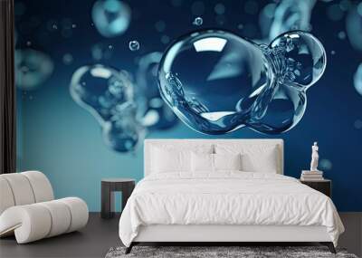 Abstract glass molecules floating in blue fluid background with selective focus - environment, water or clean energy concept Wall mural