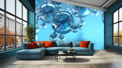 Abstract glass molecules floating in blue fluid background with selective focus - environment, water or clean energy concept Wall mural