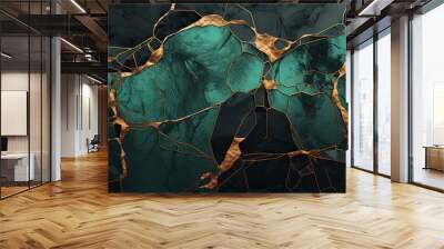 Abstract marble marbled stone ink liquid fluid painted painting texture luxury background banner - Dark green swirls gold painted splashes Wall mural