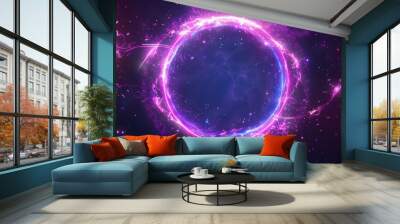 Abstract neon energy sphere of particles and waves of magical glowing on a dark background, circle and loop frames with magic purple and pink flame and sparks isolated on transparent Wall mural