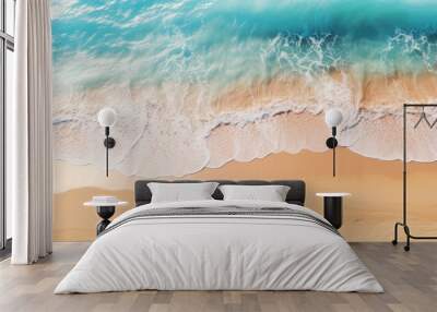 Abstract sand beach from above with light blue water wave and sun lights, summer vacation background concept. Generative AI Wall mural