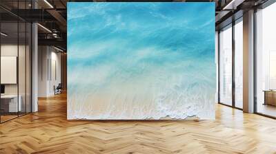 Abstract sand beach from above with light blue water wave and sun lights, summer vacation background concept. Generative AI Wall mural