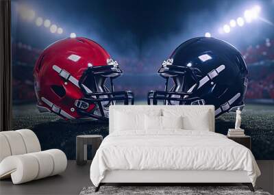 American football helmets facing each other on football field with stadium lights. Sports background Wall mural