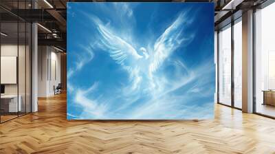 Angel spirit in blue sky with clouds. Generative AI Wall mural