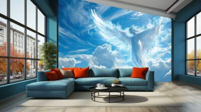 Angel spirit in blue sky with clouds. Generative AI Wall mural