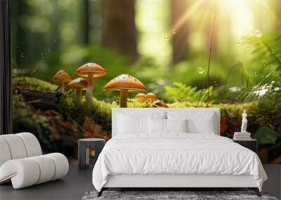 Bright forest clearing,beautiful sunlight and seasonal nature background with bokeh and short depth of field. Close-up with space for text, close-up on wildlife nature mushrooms and green fresh leaves Wall mural