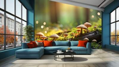 Bright forest clearing,beautiful sunlight and seasonal nature background with bokeh and short depth of field. Close-up with space for text, close-up on wildlife nature mushrooms and green fresh leaves Wall mural