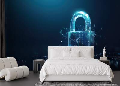 Creative digital polygonal open padlock hologram on blue background with mock up place. Safety, protection and security concept. Generative AI Wall mural