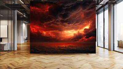 Fiery red and black sky clouds, Thunderclouds. Dramatic sky with heavy clouds Wall mural