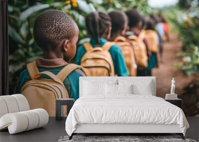 Group of African children walk along dirt path through lush, rural village, wearing school backpacks. Concept of volunteer movement, donations, charity and help Wall mural