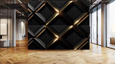 Luxury abstract black metal background with golden light lines. Dark 3d geometric texture illustration. Bright grid pattern. Pure black horizontal banner wallpaper. Elegant BG. Square diamond tiles Wall mural