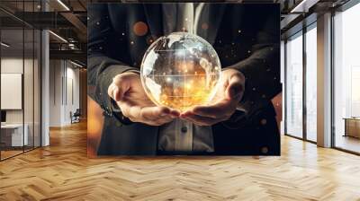 man holding a globe with lights shining in his hands, oncept businessman holding glowing globe of ether, Businessman generating wireframe business global network connection on worldwide digital market Wall mural