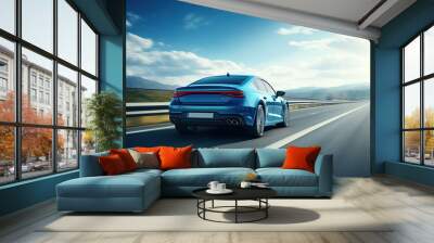 rear view of blue business car on high speed in turn. blue car rushing along a high-speed highway. g Wall mural