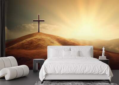 The cross of God in the rays of the sun. Cross on the hill. Religious concept Wall mural