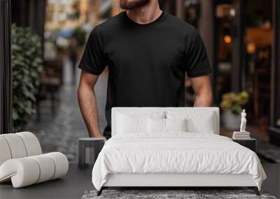 Young Model Shirt Mockup, Boy wearing black t-shirt on street in daylight, Shirt Mockup Template on hipster adult for design print, Male guy wearing casual t-shirt mockup placement Wall mural