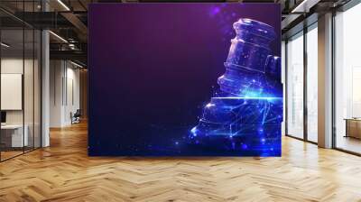 high tech blue Digital gavel surrounded by digital data on blue bokeh background , representing the role of AI in business justice. judge hammer. Wall mural