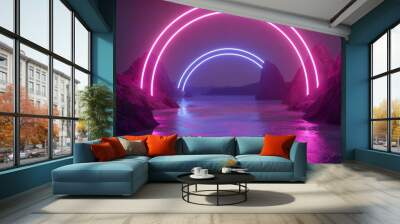 Neon circle shape near the red mountain against the background of the starry sky. 3d render. Wall mural