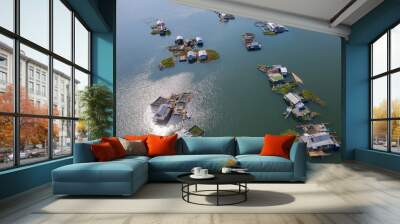 Floating local Fishing Village Houseboats with Fish Farms aerial view Wall mural