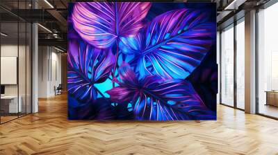 Palms, and Monsteras Exotic Leaves with a Neon Glow Tropical Summer Background.   Wall mural