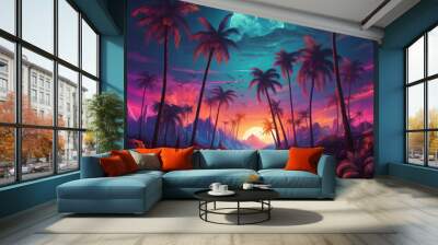 Retro 80s sunsets with palm trees for t-shirt design
 Wall mural