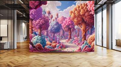 Whimsical Candy-Colored Forest Wonderland This vibrant horizontal canvas captures the enchantment of a cartoon forest filled with candy-colored trees and whimsical flora, invoking a storybook charm. Wall mural