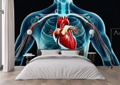 Male anatomy of the human Heart system. 3d rendering concept and medical technology network. Generative AI Wall mural