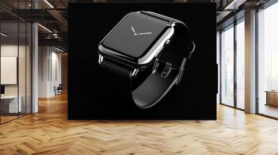 A futuristic smartwatch mockup with a blank screen, isolated on a black background. Wall mural