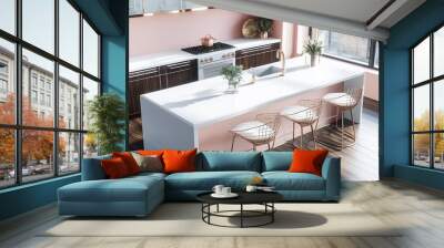 Chic kitchen with pearl white counters, rose gold stools, and a view of dark walnut flooring. Wall mural