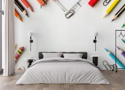 X arrangement of school supplies on white, symbolizing creativity in education, Wall mural