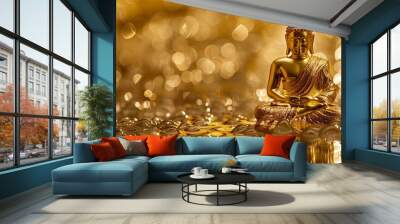 A golden Buddha statue in a golden background, I can't believe how beautiful this is, poolcore, daylight effect, copy space - generative ai Wall mural