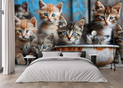 Adorable Kittens with Mesmerizing Blue Eyes Gathered Around a Food Bowl. A group of charming cats attentively focuses on camera. Panorama with copy space - generative ai Wall mural